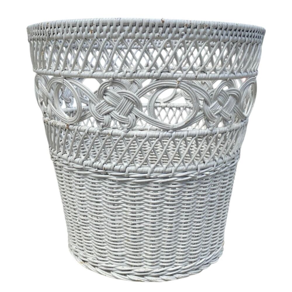 Vtg Wicker Cottagecore Basket WHITE Woven Shabby Chic Basket Beach Trash Can